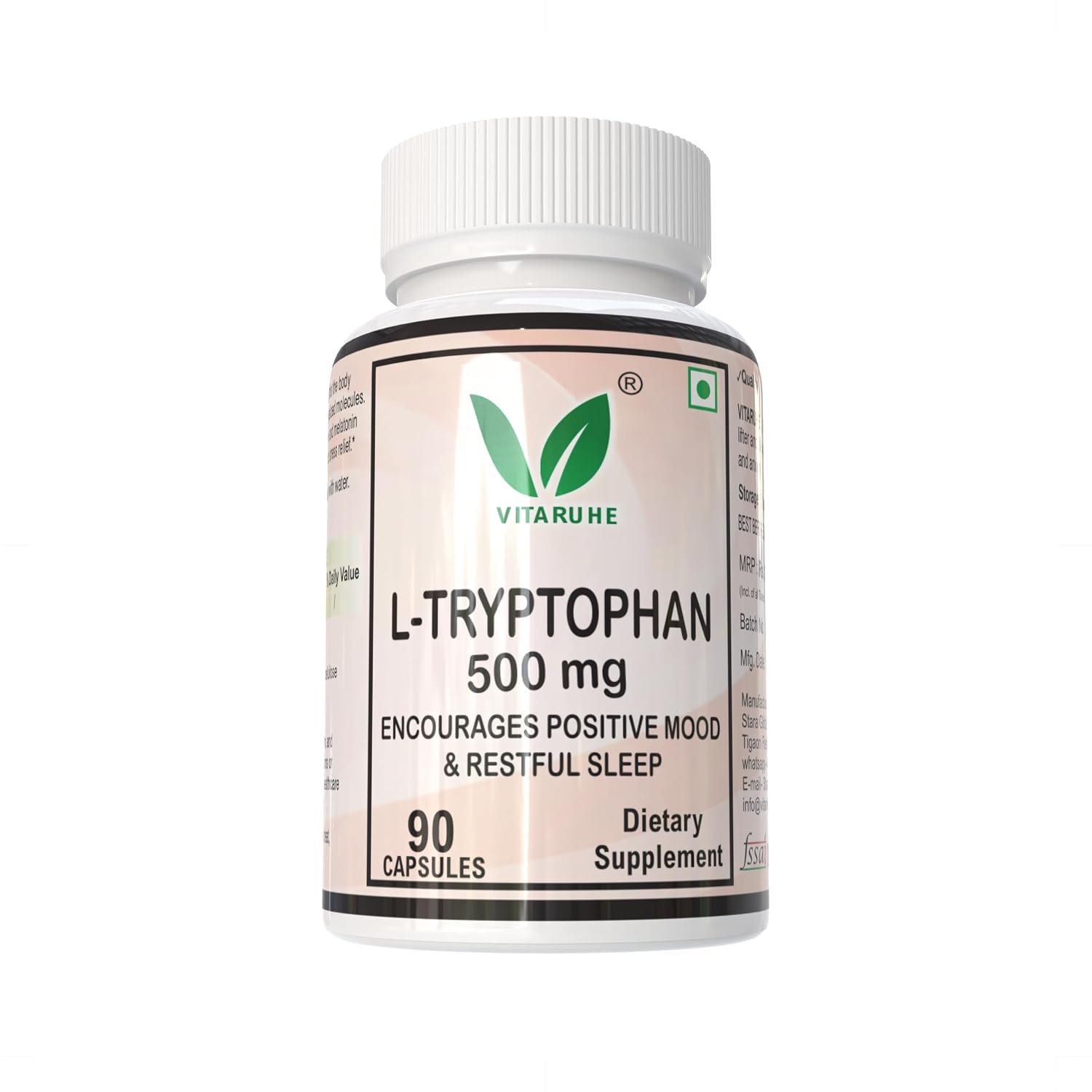 Vitaruhe® L-Tryptophan 500 mg per Capsule, 90 Vegan Capsules for 3 Months, Pure Essential Amino Acid, Natural & Fermented, High Strength Supplement Without Additives