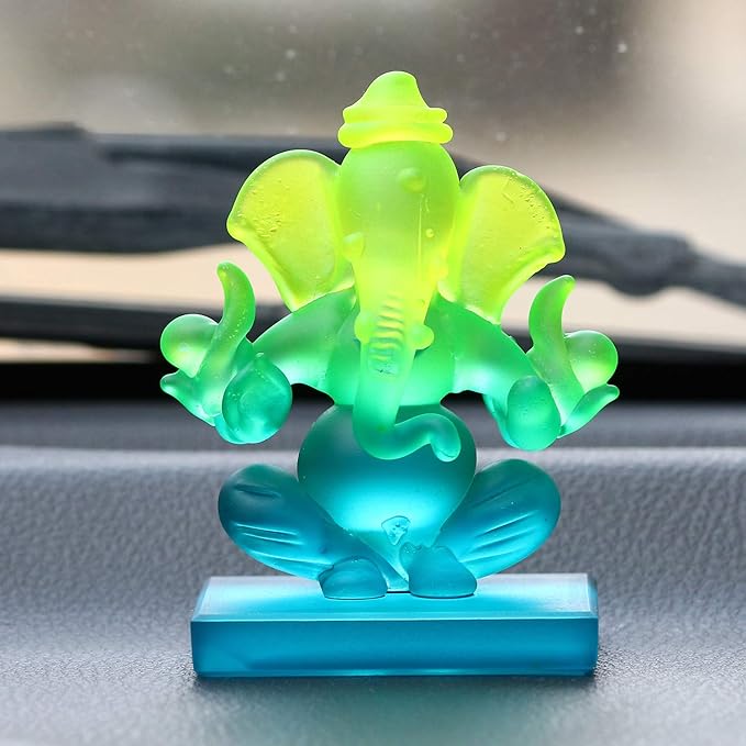 Ecraftindia Green and Blue Double Sided Crystal Car Ganesha Showpiece