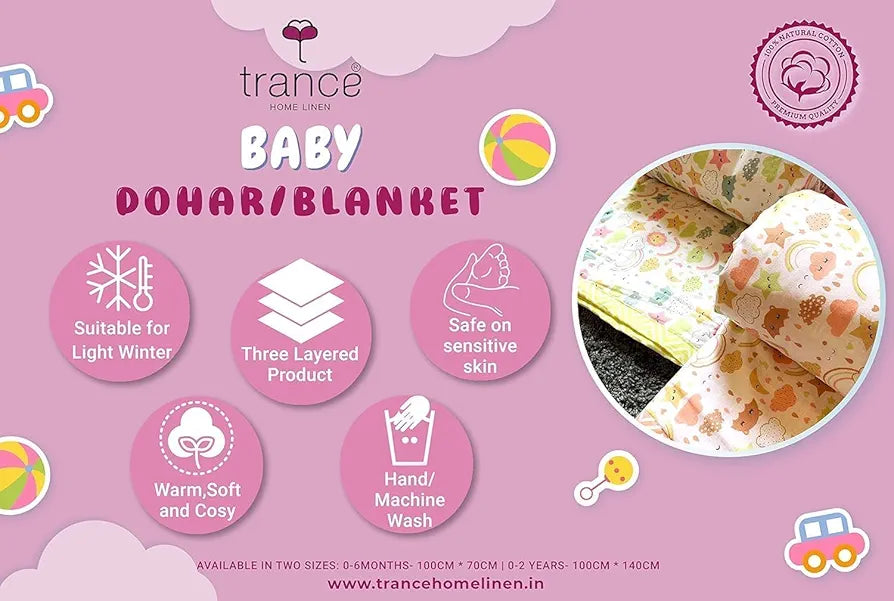 Trance Home Linen Pure Malmal Cotton Multipurpose Baby Dohar 3-Layered Baby Swaddle Blanket Alphabets with Colour Dolls