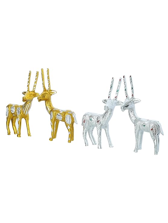 Ecraftindia Set of 4 Engraved Golder and Silver Deer Pair Handcrafted Decorative Metal Figurine
