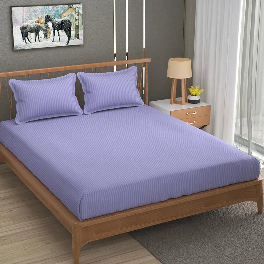 Homefab India 160 TC Stripe Glace Cotton Double BedSheet with 2 Pillow Covers Purple
