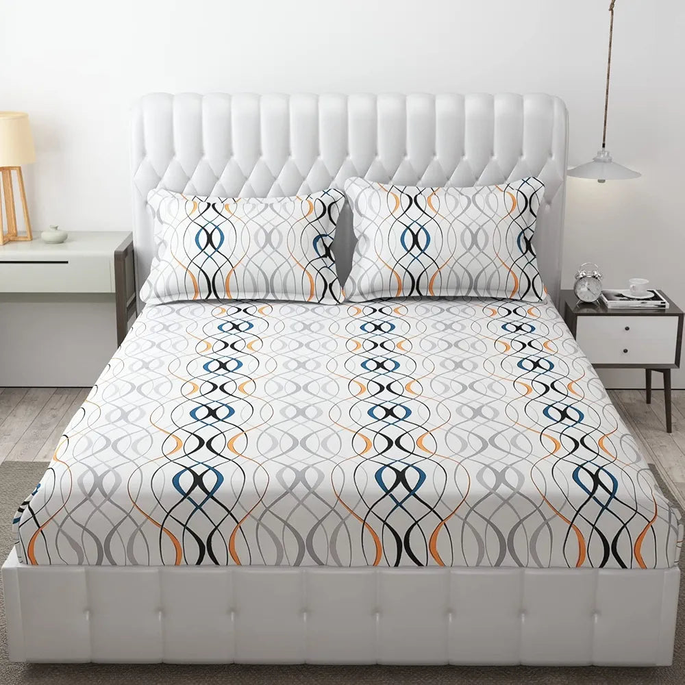 Fresh From Loom Soft Microfiber Fitted Floral Bedsheet King Size Bed With Two Pillow Cover Elastic Fitted Bed Sheets 144 Tc White