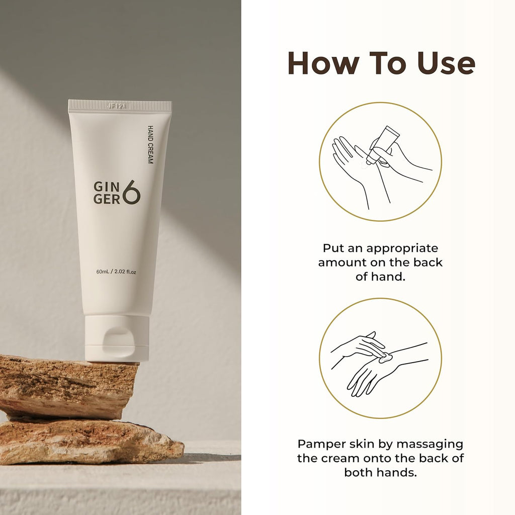 GINGER6 Hand Cream 60ml | 67.6% Ginger Extract Water | Shea Butter & 8 Natural Oils | 8 Hyaluronic Acids Moisturizing | Peptide & Mineral Complex | EWG Green Grade | Green Forest Scent Hydrating Care