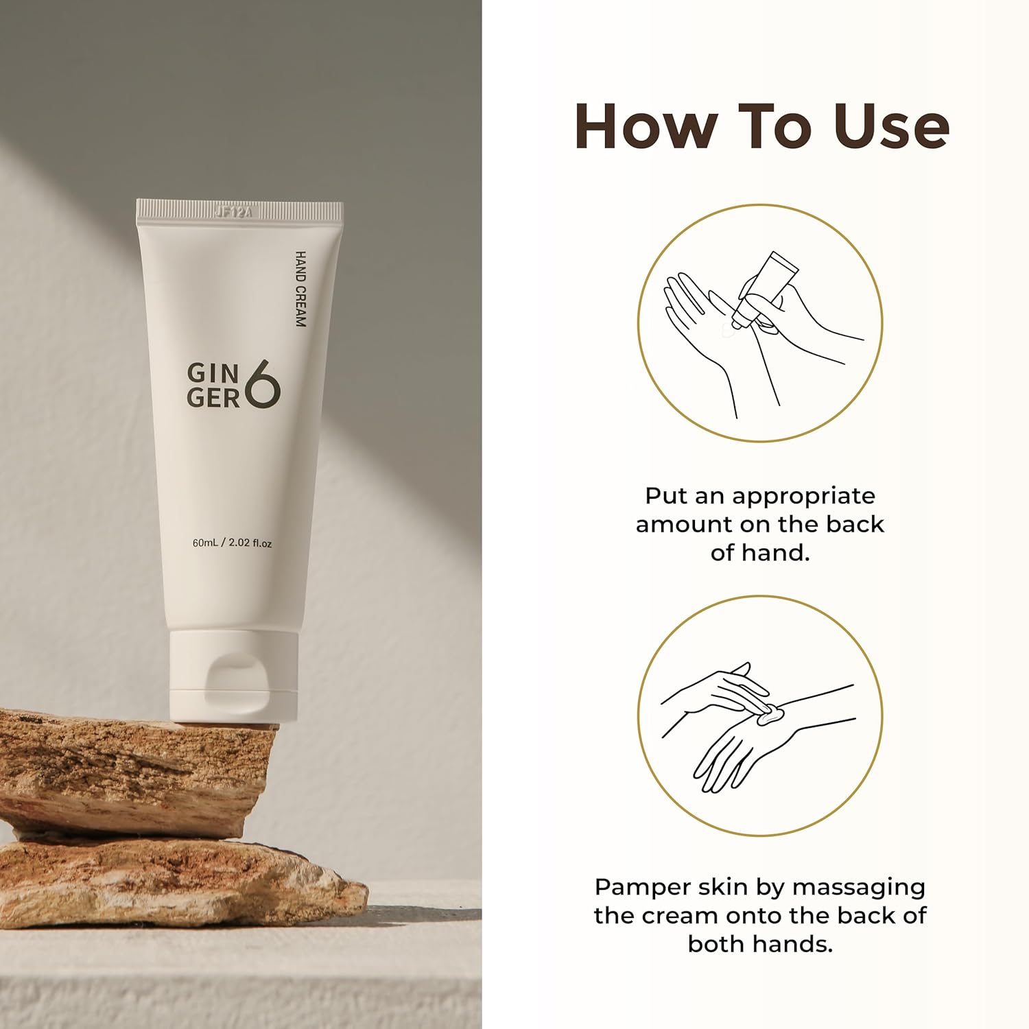 GINGER6 Hand Cream 60ml | 67.6% Ginger Extract Water | Shea Butter & 8 Natural Oils | 8 Hyaluronic Acids Moisturizing | Peptide & Mineral Complex | EWG Green Grade | Green Forest Scent Hydrating Care