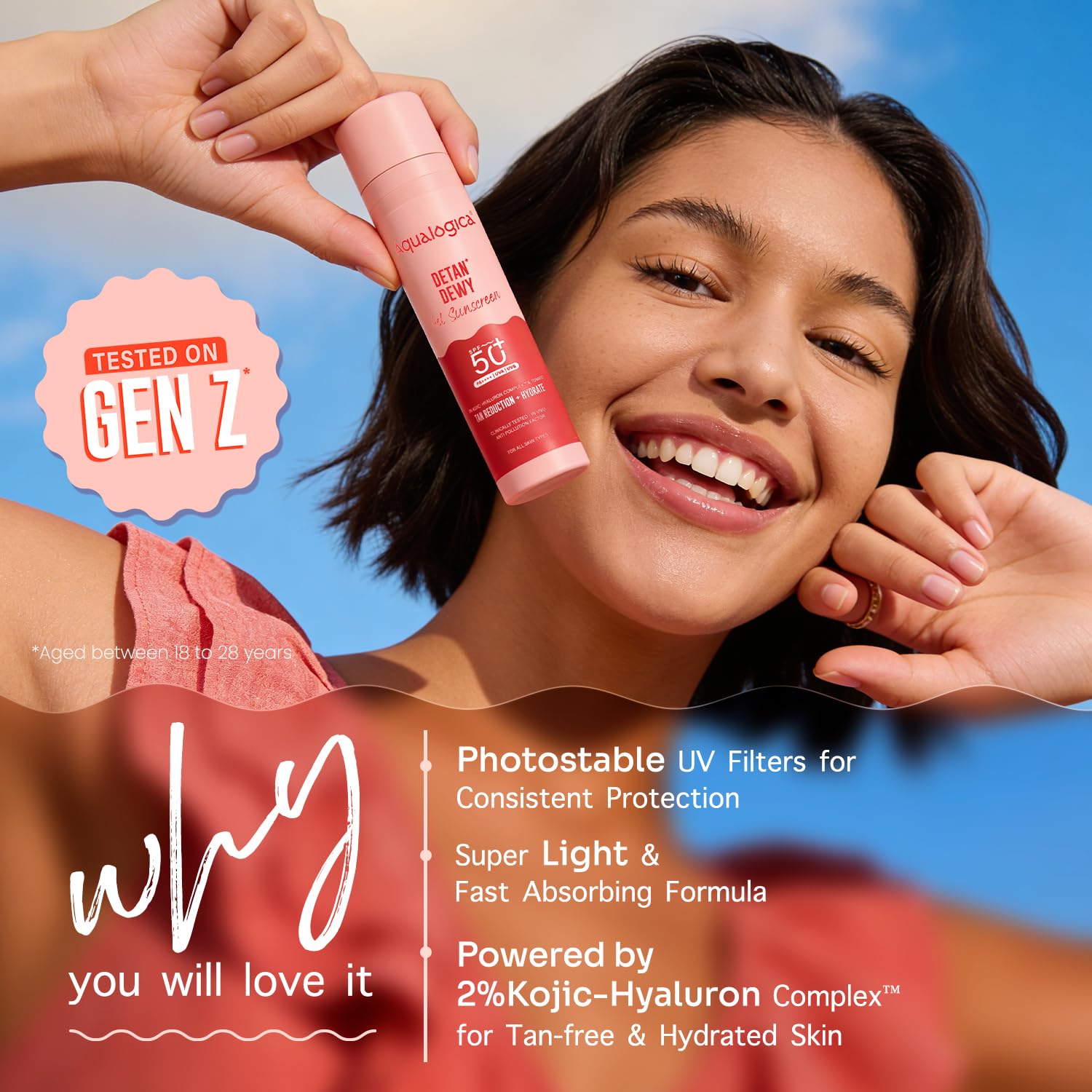 Aqualogica Detan+ Dewy Gel Sunscreen SPF 50+ PA++++ with 2% Kojic-Hyaluron Complex & Wild Berries, 50g | Broad Spectrum UVA/UVB & Blue Light Protection | No White Cast | Fragrance-Free | Lightweight | Hydrating | For Men & Women