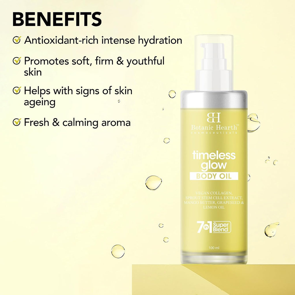 Botanic Hearth Timeless Glow Anti-Aging Body Oil with Vegan Collagen & Stem Cell Extract | Firming Massage Oil for Youthful Glowing Skin | For Women & Men | 100ml