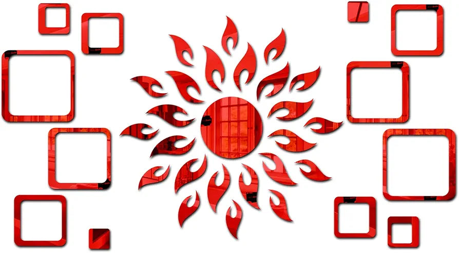 Bikri Kendra Ind Sun with 12 Square red Mirror Stickers for Wall Wall Decor Sticker