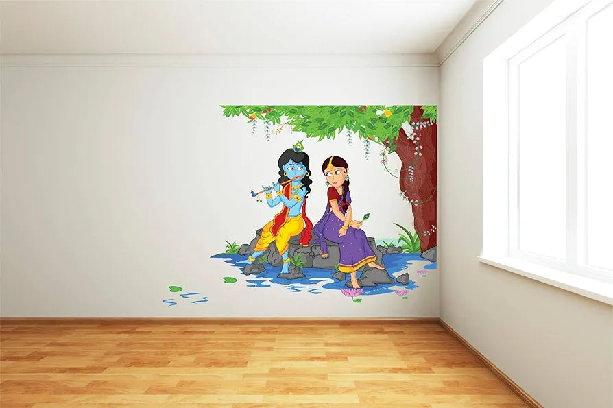Rawpockets Decals Lord Krishna Playing Flute with Radha on River Bed Large Size  Wall Sticker