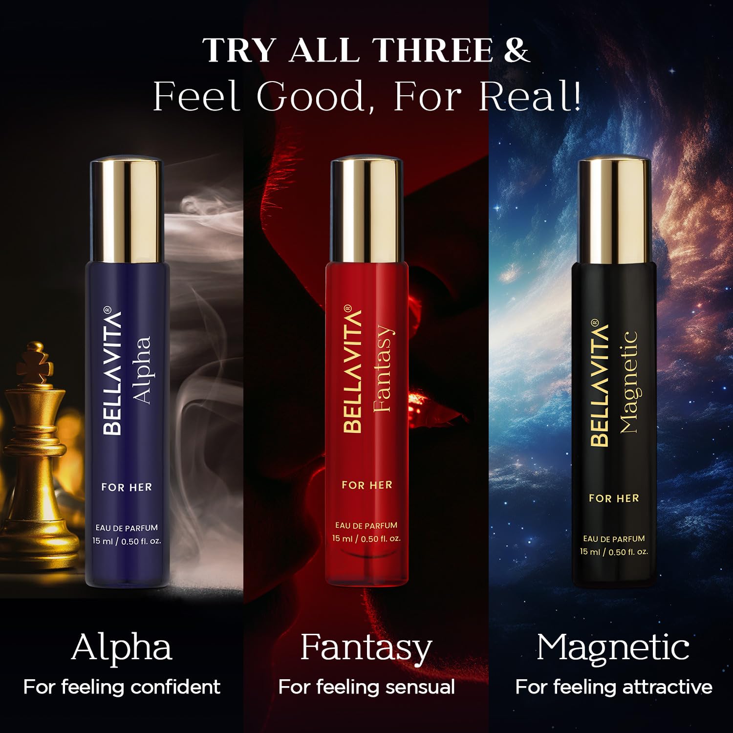 BELLAVITA Mood Collection Fantasy EDP for Her with Pink Pepper, Jasmine and Patchouli |Premium, Long Lasting Fragrance Perfume for Women, 15ml