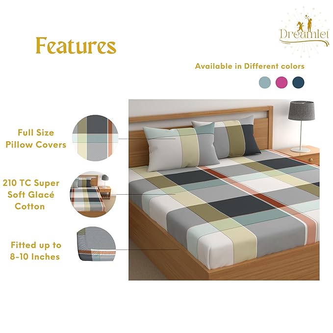 Dreamlet All Around Elastic Supersoft 210tc Premium Cotton Elastic Fitted Bedsheets With 2 King Size Pillow Covers | Green and Grey