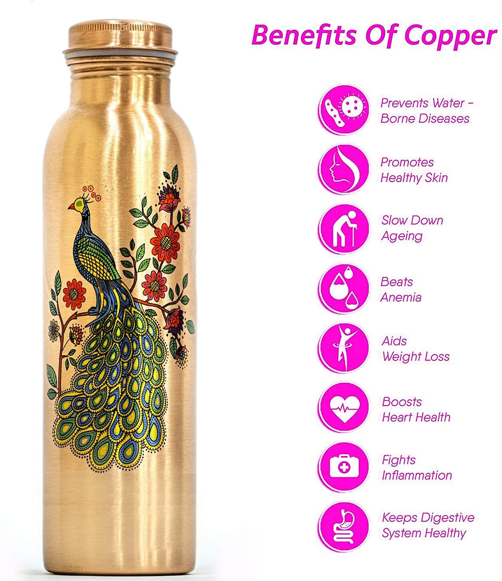 KC Pure Copper Peacock Designer Water Bottle with Advanced Leak Proof Protection, Ayurveda and Yoga Health Benefits. (1000ml, 1Unit, Pack of 1)