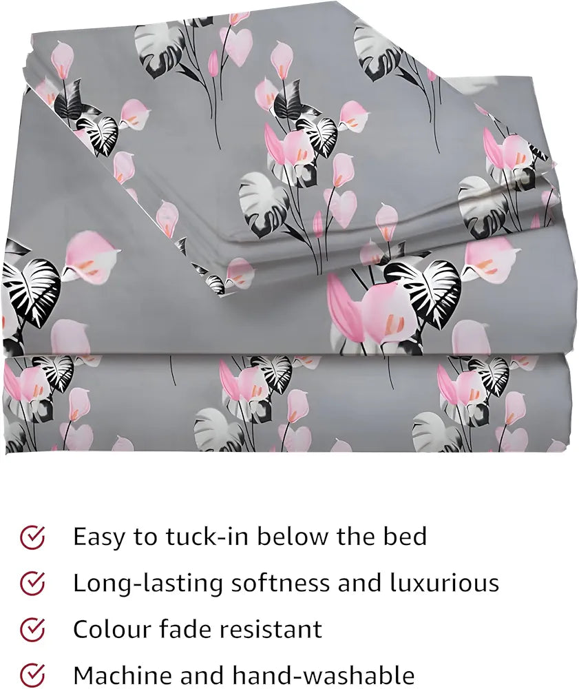 Starnstyle Polycotton 220 TC Floral Printed King Size Double Bedsheet with 2 Pillow Covers Grey Floral