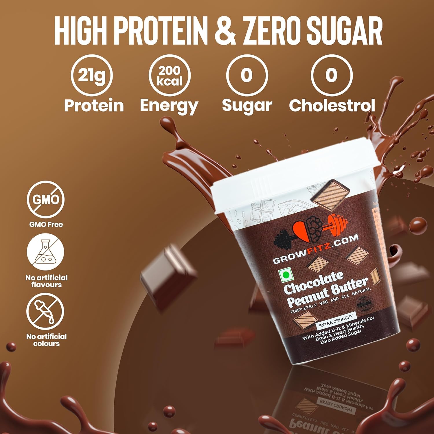 Growfitz Peanut Butter Chocolate Crunchy 200g | 24g High Protein Peanut Butter | 7g Fiber | Tasty & Healthy Nut Butter Spread for Breakfast | Roasted Peanuts | Zero Sugar (Pack of 1)
