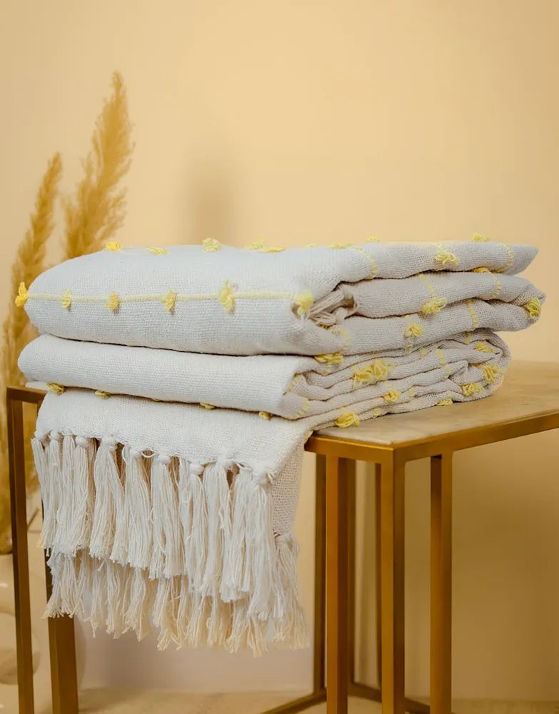 Sajavat Home Hand-Knitted Pure Cotton 3 Seater Sofa Throw Colour Beige & Yellow