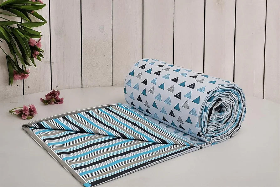 Trance Home Linen Pure Cotton Reversible Dohar Toddler Size Cotton Ac Quilt for Babies Colour Blue Black Triangles