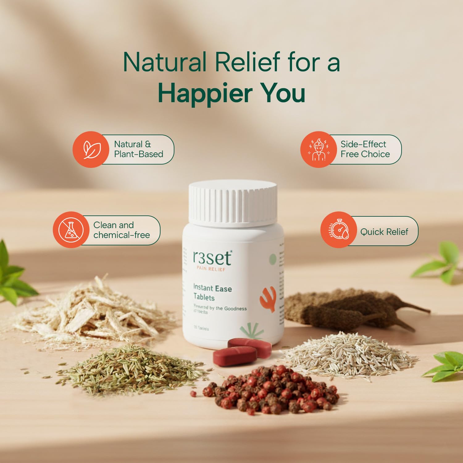 R3SET Herbal Tablets| Instant Relief for Abdominal, Period, menstrual cramps, Stomach, Knee & Joint Pain | 100% Vegetarian & Natural | Powered by natural herbs Cumin, Pippali & Ajwain | Ayurvedic Blend | 60 Tablets