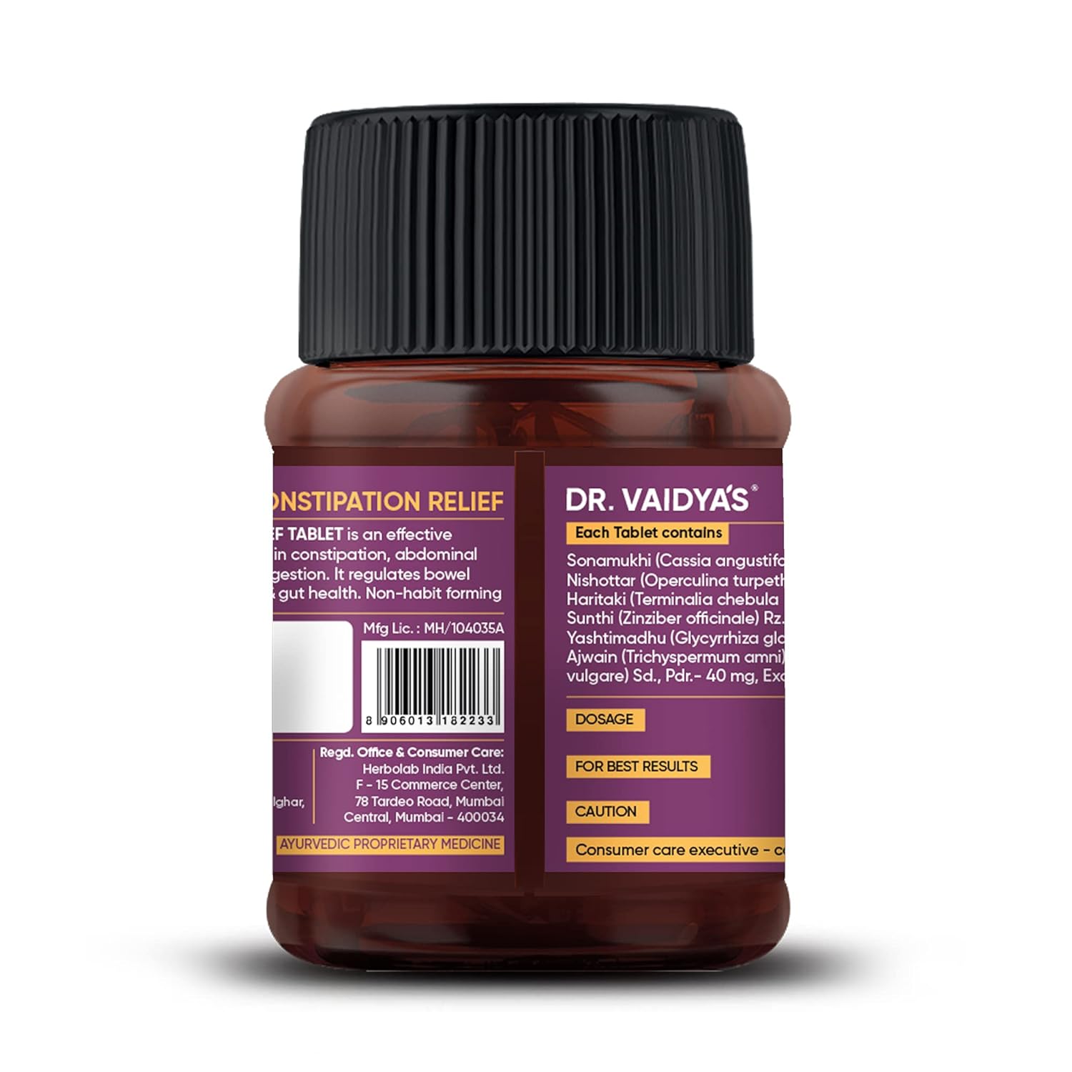 Dr. Vaidya's Constipation Relief Tablets | Improves Digestion & Regulates Bowel Movement | Sonamukhi, Haritaki & Sunth | (30 Tablets)