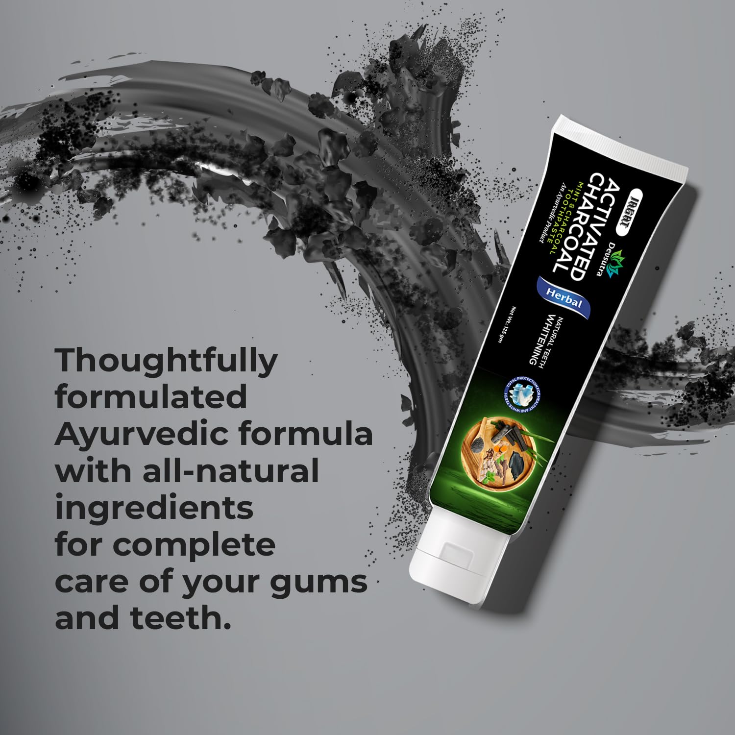 Jagat Devsutra Dr. Trusted Ayurvedic HERBAL Activated Charcoal Toothpaste for Teeth Whitening - 100% Natural Formula with Mint Flavour, No Fluoride & Artificial Colours - Pack of 2 (125g x 2)