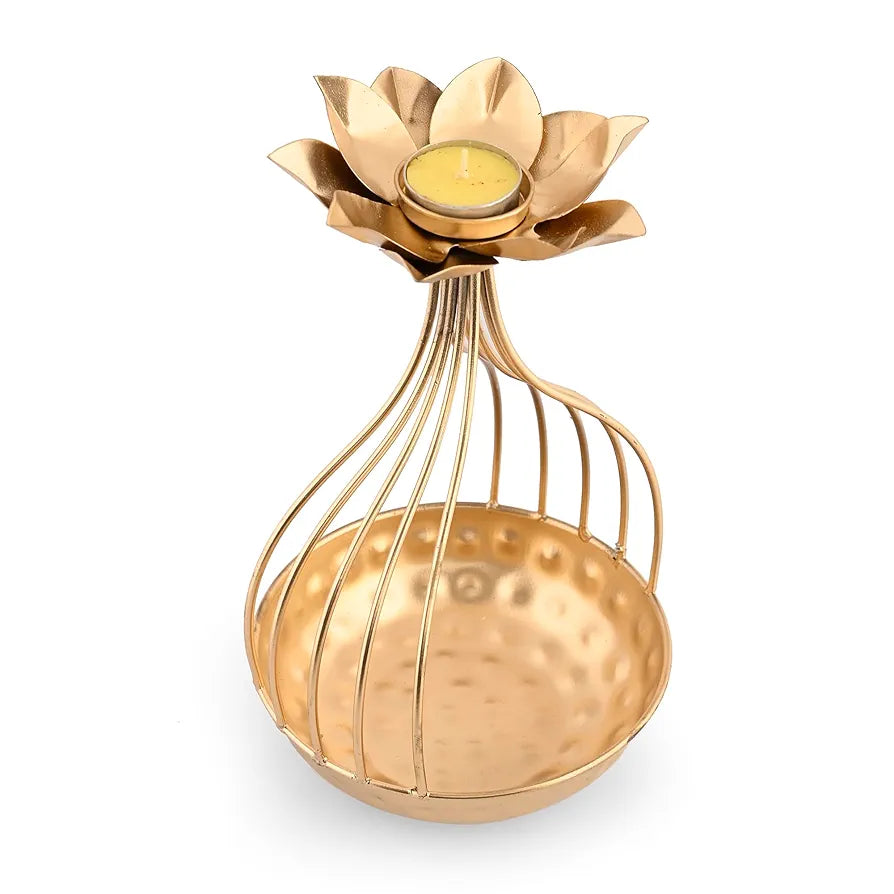 Metal Lotus Tealight Candle Holder with Base of Urli Bowl Gold