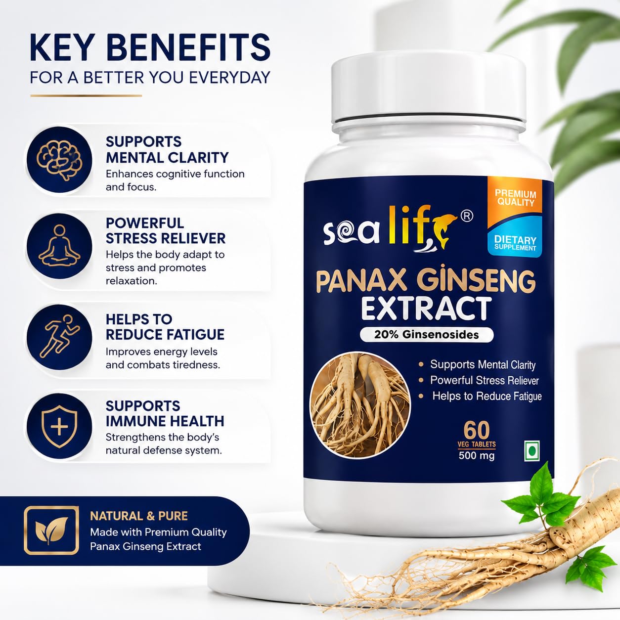 Sea Life Panax Ginseng | Korean Red Ginseng Supplement for Men & Women, Root Extract Powder for Energy and Stress Management (60 Tablets).