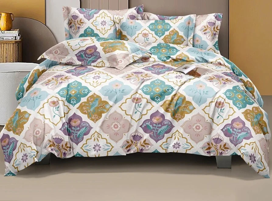 The Home Style Cotton Feel Glace Cotton Elastic Fitted All Around Printed King Size Double Bed Bedsheet wih 2 Pillow Cover Vanilla Haze