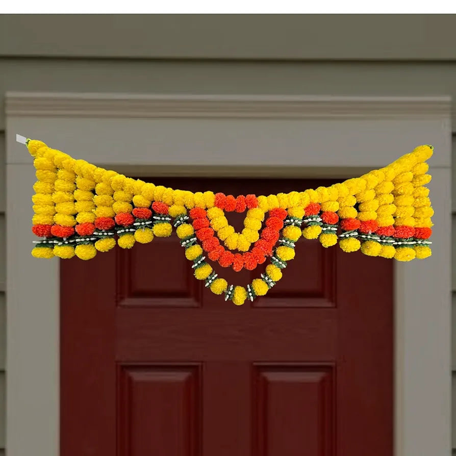 Handcrafted Decorative Bandanwar with Laddu-Shape Marigold Flowers Chakri Mogra & Daisy Leaves 40x10 Inches