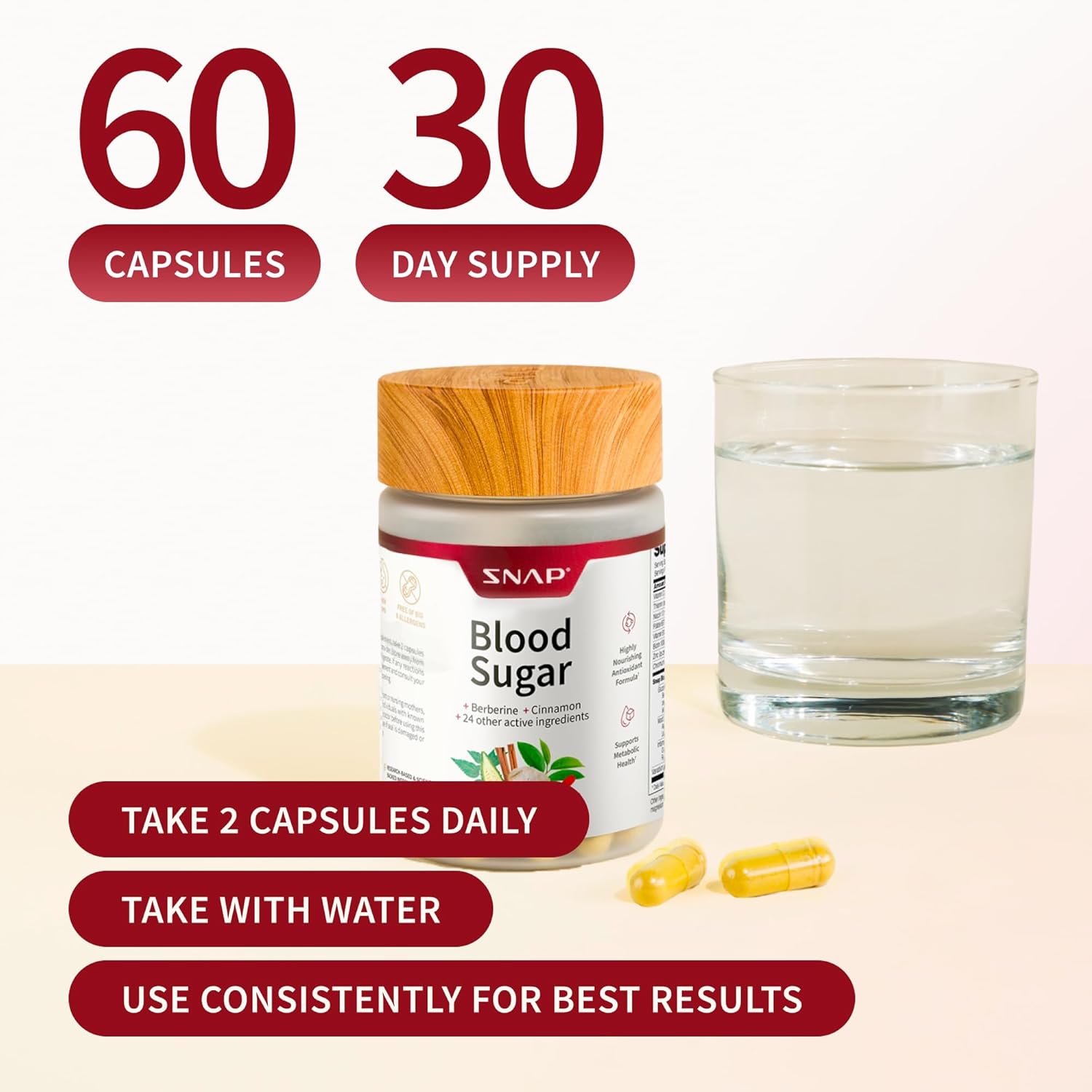 Snap Supplements Blood Sugar Blend with Berberine, CoQ10, Cinnamon, and Gymnema to Support Already Healthy Blood Sugar, Metabolic Health and Energy, Sugar Free, 60 Capsules (Packaging May Vary)
