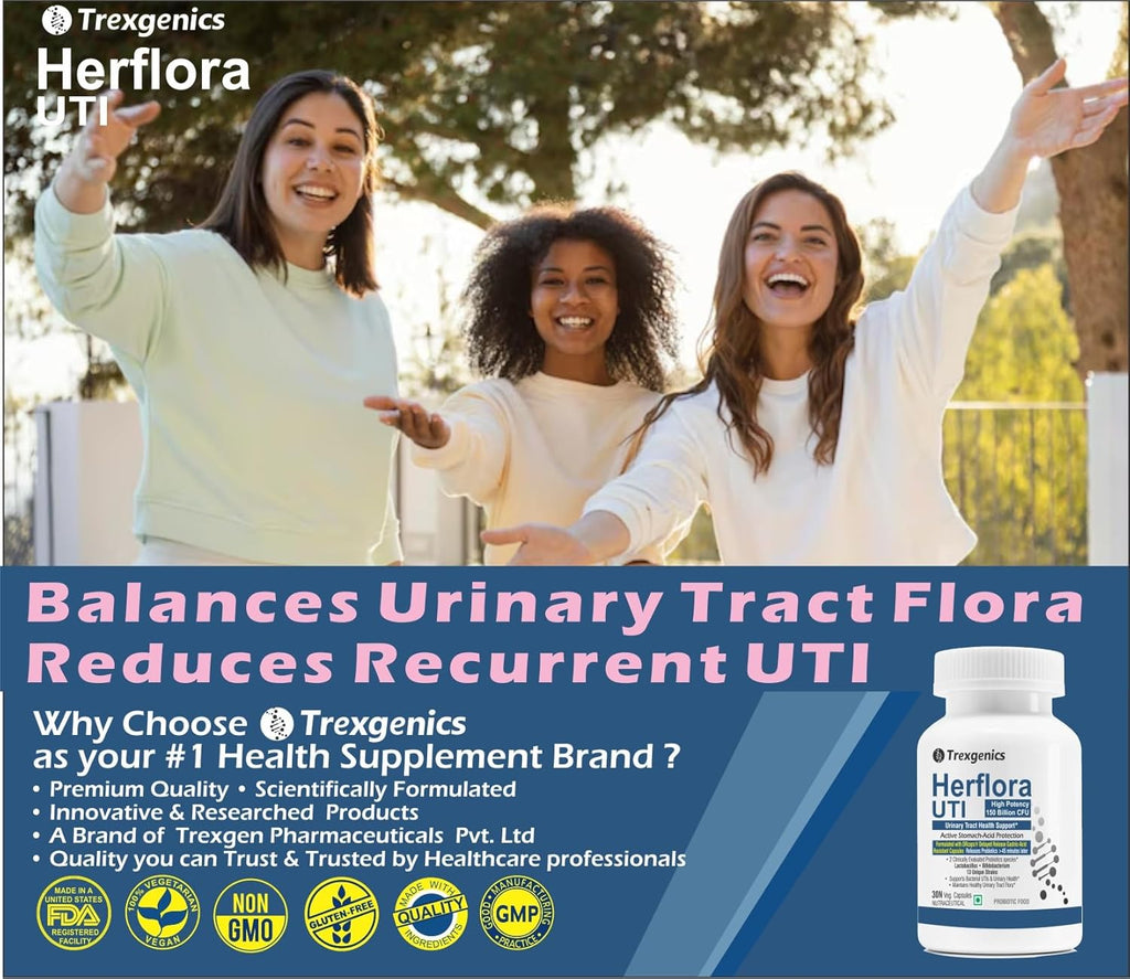 Trexgenics HERFLORA-UTI Probiotics 150 Billion CFU Urinary Tract Health Support Delayed release stomach acid protection capsules (30 Veg Capsules))