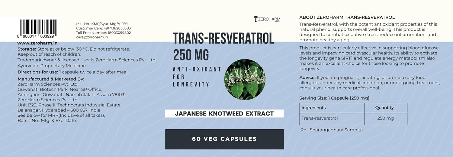 ZEROHARM Trans-Resveratrol Supplements | 250 mg Pure Resveratrol with Japanese Knotweed Extract - Support Immunity, Support Healthy Aging | Antioxidant Supplement For Men & Women | 60 Veg Capsules