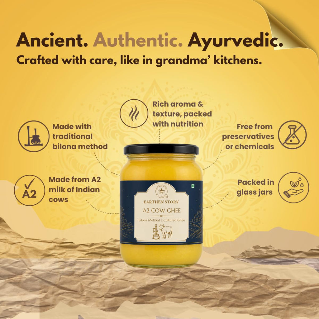 Earthen Story A2 Ghee from Cow | Lab Tested for 250+ Pesticides | Traditional Bilona Method from Curd | Pure Vedic A2 Cow Ghee in Glass Jar