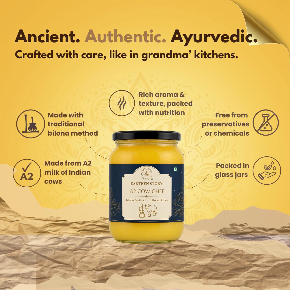 Earthen Story A2 Ghee from Cow | Lab Tested for 250+ Pesticides | Traditional Bilona Method from Curd | Pure Vedic A2 Cow Ghee in Glass Jar