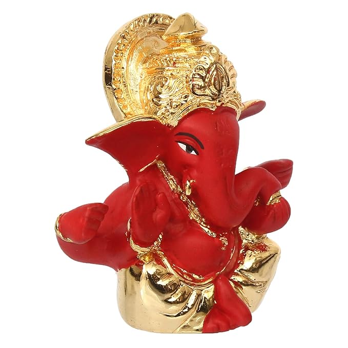 Ecraftindia Gold Plated Red Mukut Ganesha Decorative Showpiece