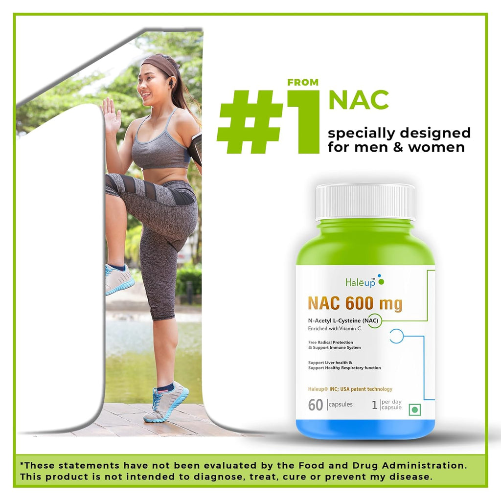 Haleup NAC 99% (N-Acetyl Cysteine) 600 mg, Haleup INC USA, 60 capsules, enriched with Vitamin C for Glutathione Production, Respiratory Health, Liver Detox, Antioxidant Support