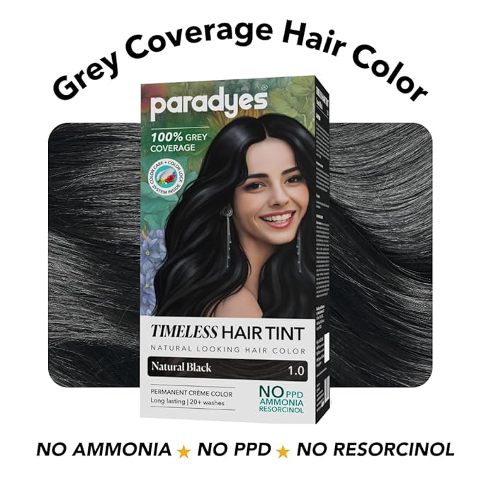 Paradyes Natural Black Timeless Hair Tint, Permanent Creme Hair Colour - 120 Gms | 1.0 Natural Black