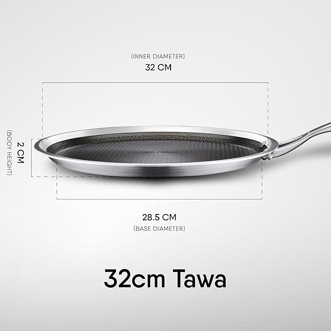Stahl Artisan Hybrid Triply Dosa Tawa, Dosa Tawa with Induction Base 32 cm