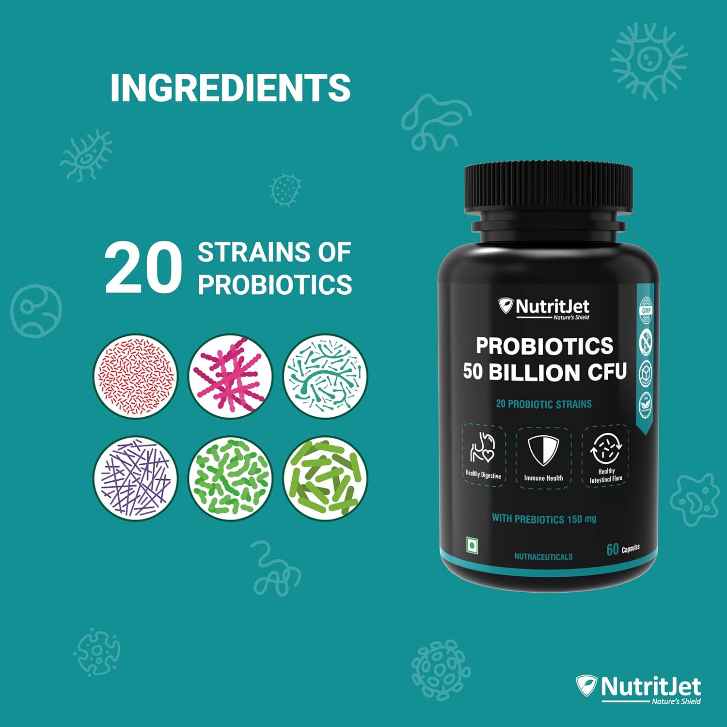 NutritJet Probiotics Supplement 50 Billion CFU with 20 Strains | Probiotics for Gut Health Supplements | Support Digestion & Immunity | Gut Health Probiotics - 60 Veg Capules