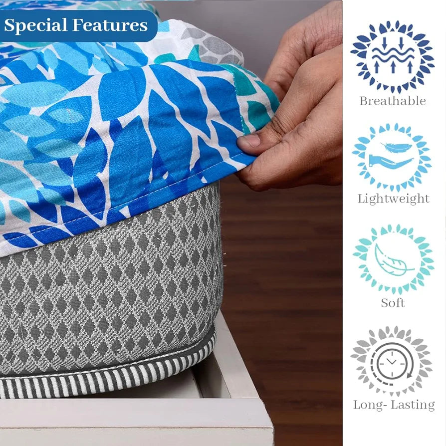 Divine Casa 144 TC Cotton Flower Print Queen Size Double Bed Elastic Fitted Bedsheet with 2 Pillow Cover Colour Dusk Blue