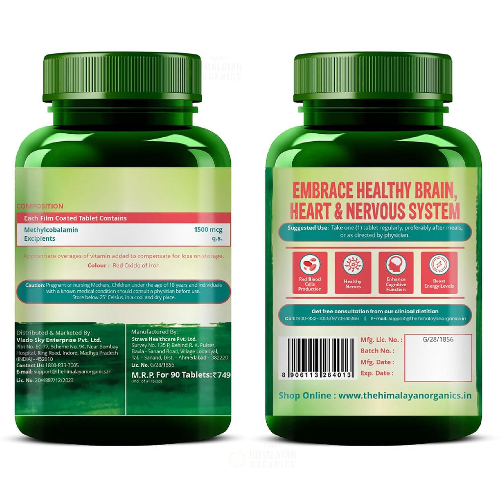 Vlado's Himalayan Organics Methylcobalamin Vitamin B12 1500mcg Supplement for Men & Women - 90 Veg Tablets