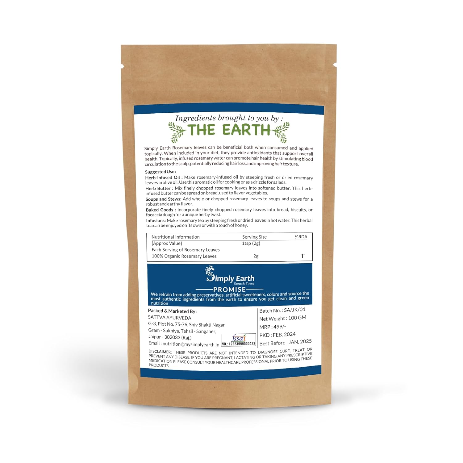 Simply Earth Rosemary Dried Leaves For Hair Growth | Top Grade Leaves Rosemary Herb Tea | Organic | Natural Foods - 100 GM