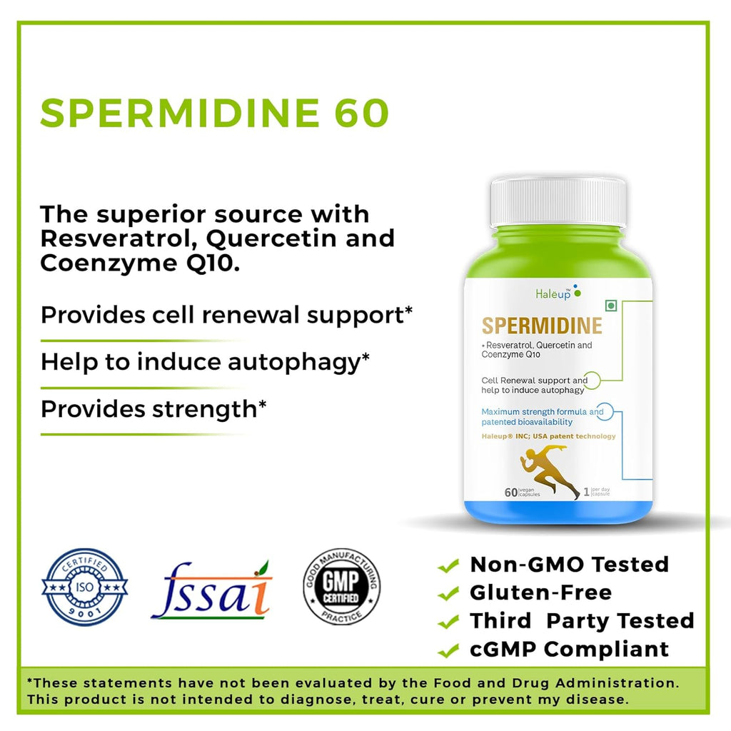 Haleup 99% Spermidine Trihydrochloride with Resveratrol| For Healthy Ageing | Autophagy| Cell Renewal | Immunity| Skin and Hair | Cognitive Support (1 pack X 60s count)