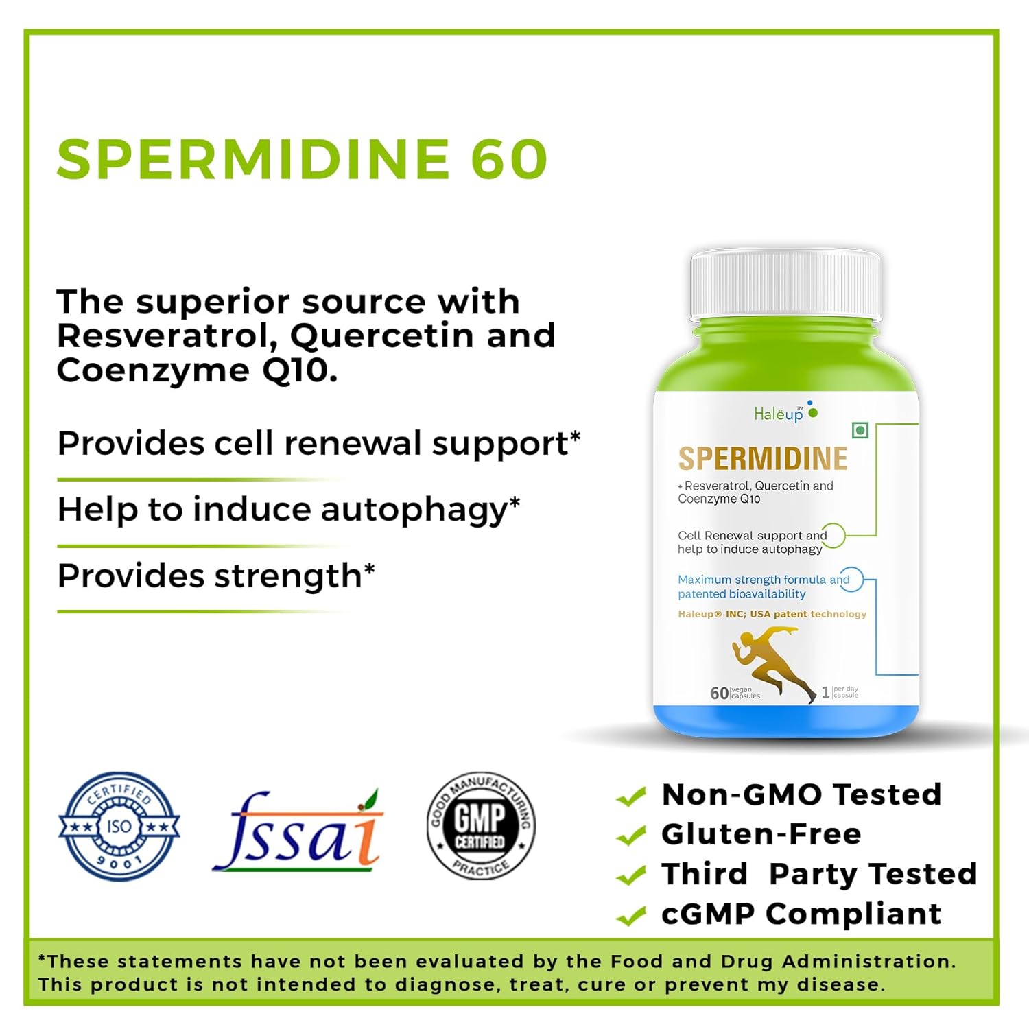 Haleup 99% Spermidine Trihydrochloride with Resveratrol| For Healthy Ageing | Autophagy| Cell Renewal | Immunity| Skin and Hair | Cognitive Support (1 pack X 60s count)