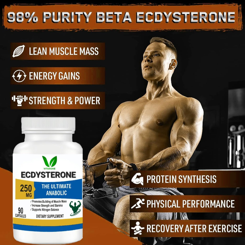 VITARUHE Ecdysterone Supplement 250Mg | Increases Fat Free Muscle Mass, Training Performance, Strength And Protein Synthesis, 98% Maximum Purity, Formulated For Improved Absorption 90 Capsules