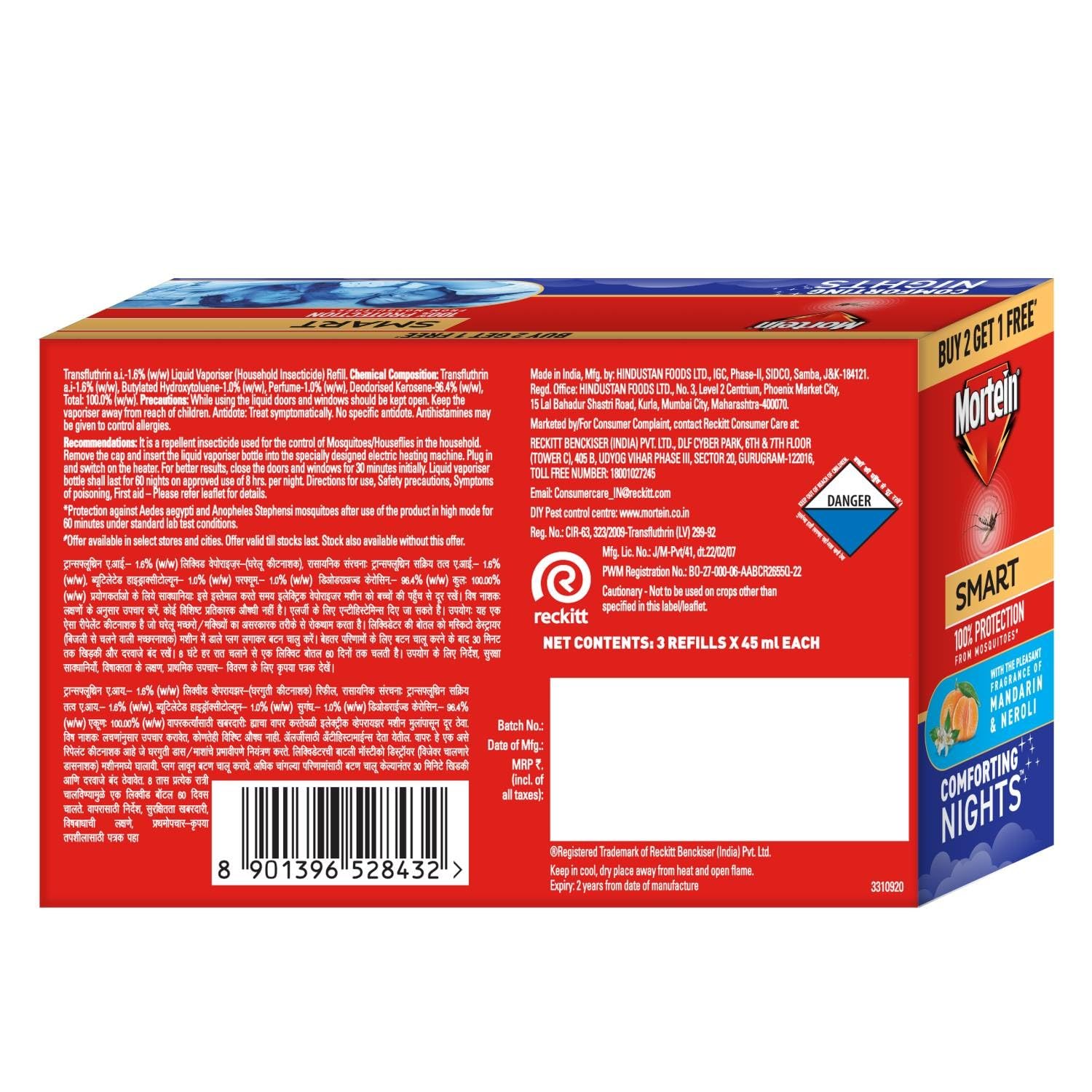 Mortein 45ml x 3 Refills With The Pleasant Fragrance of Mandarin & Neroli Liquid| Fits All Machines | Smartplus Mosquito Killer | 100% Protection from Mosquitoes | Insect & Mosquito Repellent