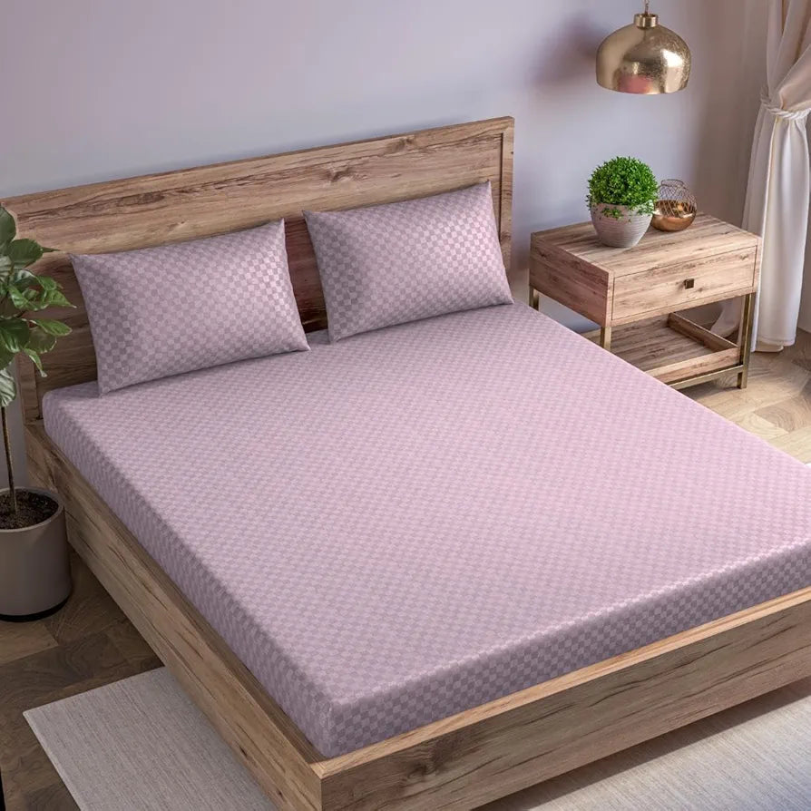 Trance Home Linen Skin Friendly 100% Cotton Jacquard Weave Fitted Bedsheet for Queen Size Bed with 2 Pillow Solid Cover Premium 300TC Colour Cameo Rose