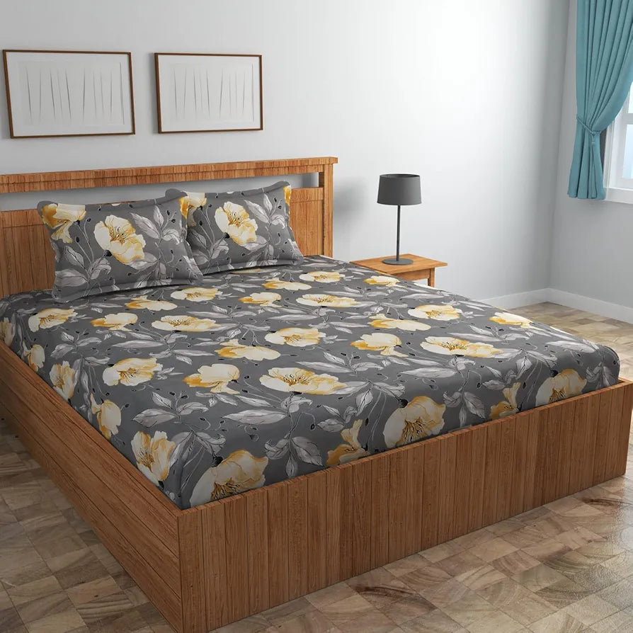 Homefab India 160 TC Glace Cotton Double BedSheet with 2 Pillow Covers Grey Floral