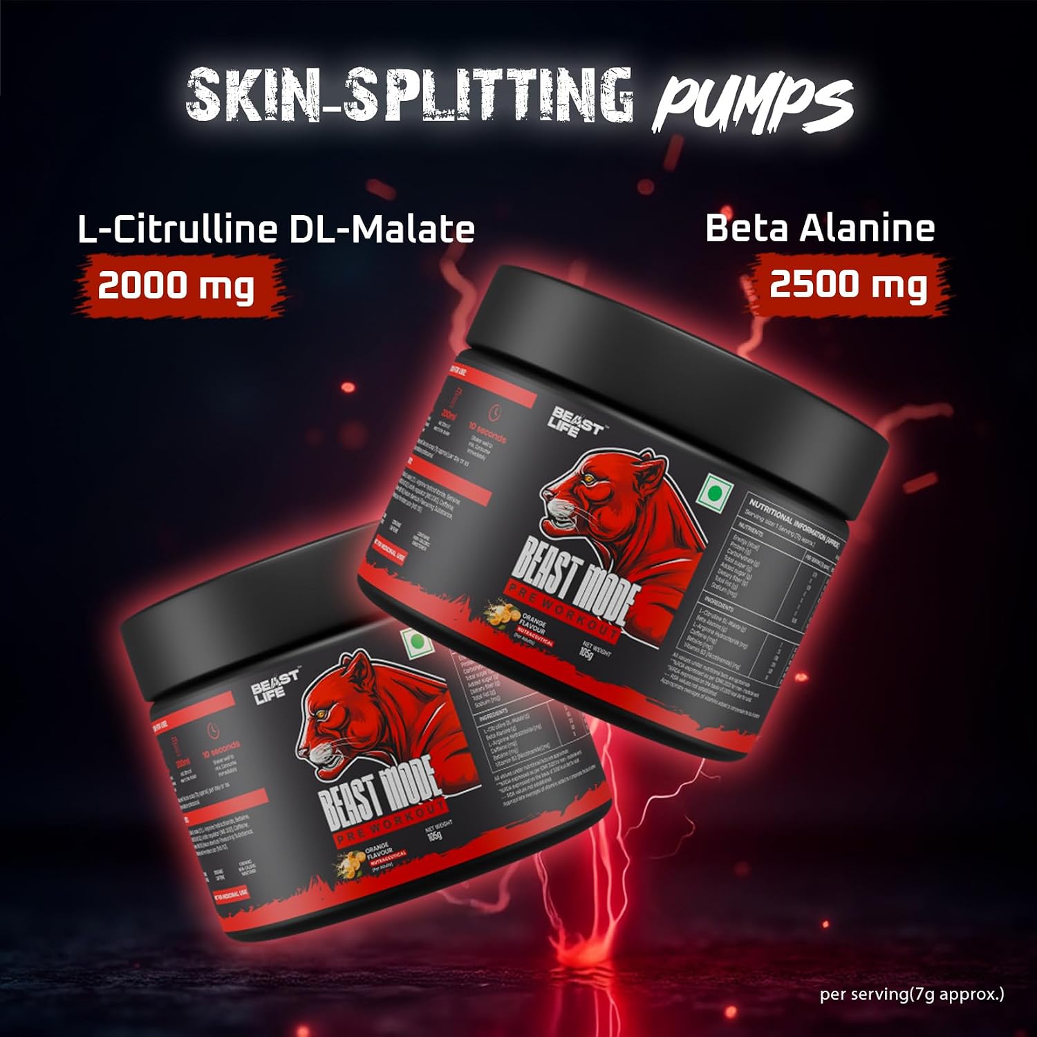 Beastlife Pre-Workout | 105 gm | Orange Flavor | Boosts Pump & Energy | Speeds Up Recovery | 2000 mg Citrulline | 2500 mg Beta-Alanine | 200 mg Caffeine | 500 mg Betaine