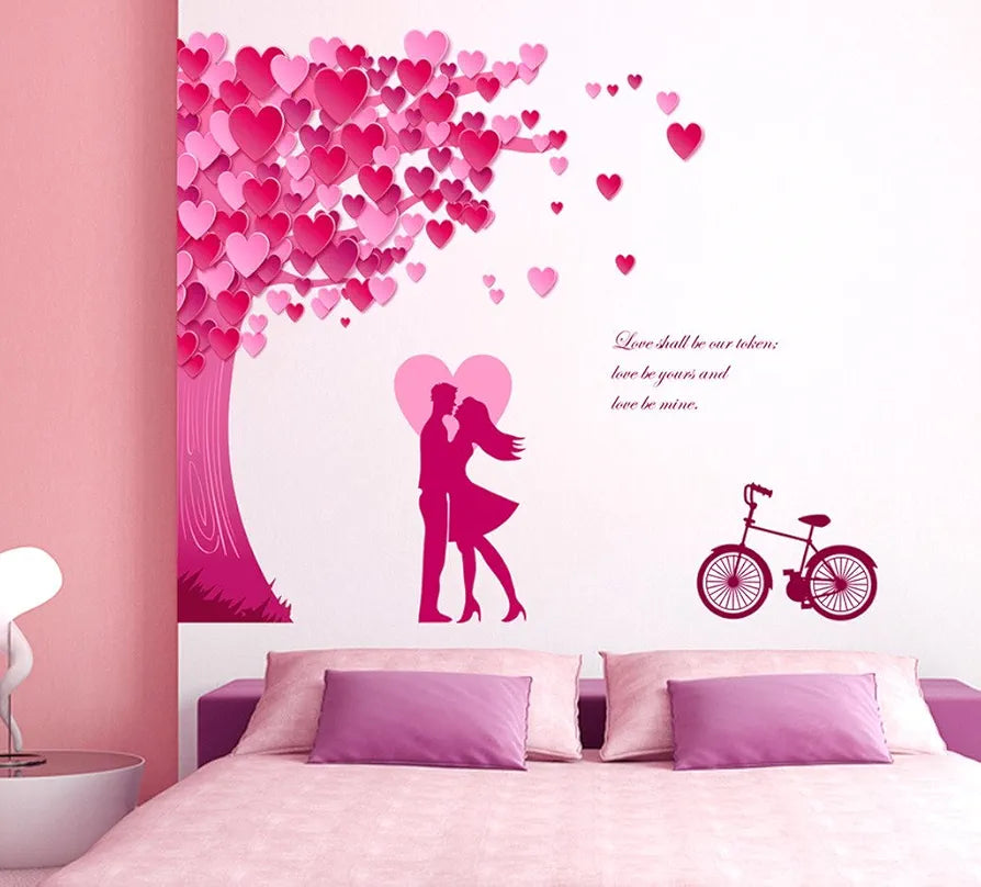 Decals Design Romantic Couple Under The Heart Leaves Tree and Love Quote with Bicycle Wall Sticker