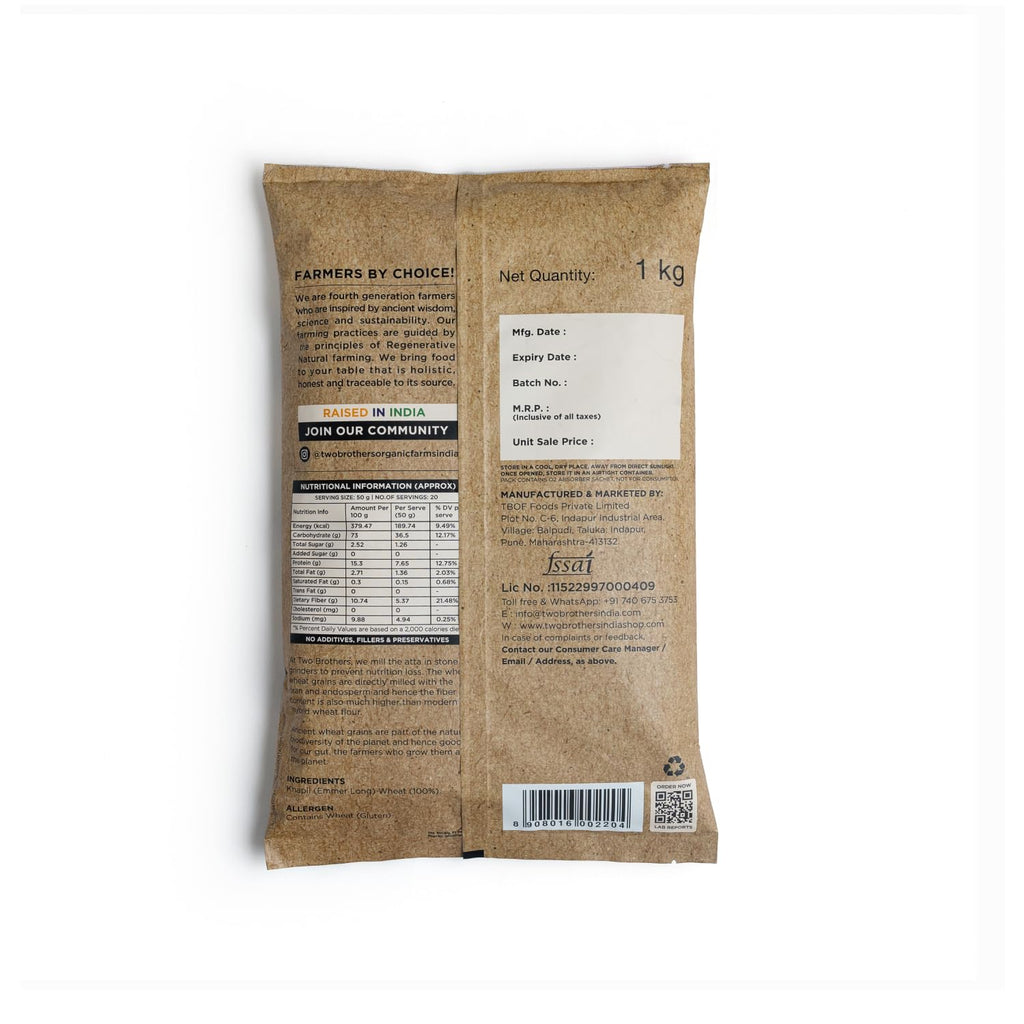 Two Brothers Organic Farms - Khapli Wheat Flour (1 kg) | High Dietary Fiber for Easy Digestion | Stoneground Emmer Wheat Flour | Khapli Atta