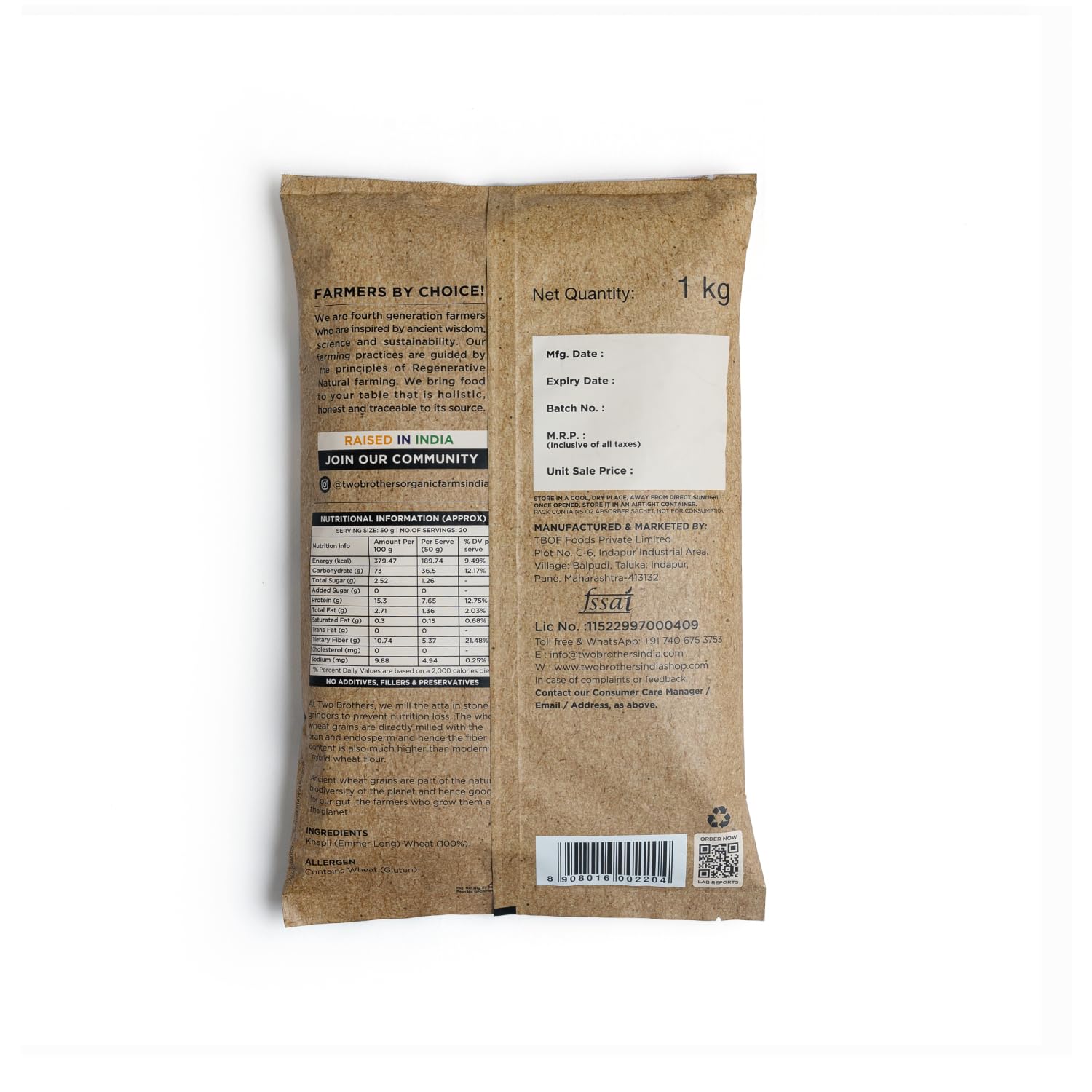 Two Brothers Organic Farms - Khapli Wheat Flour (1 kg) | High Dietary Fiber for Easy Digestion | Stoneground Emmer Wheat Flour | Khapli Atta