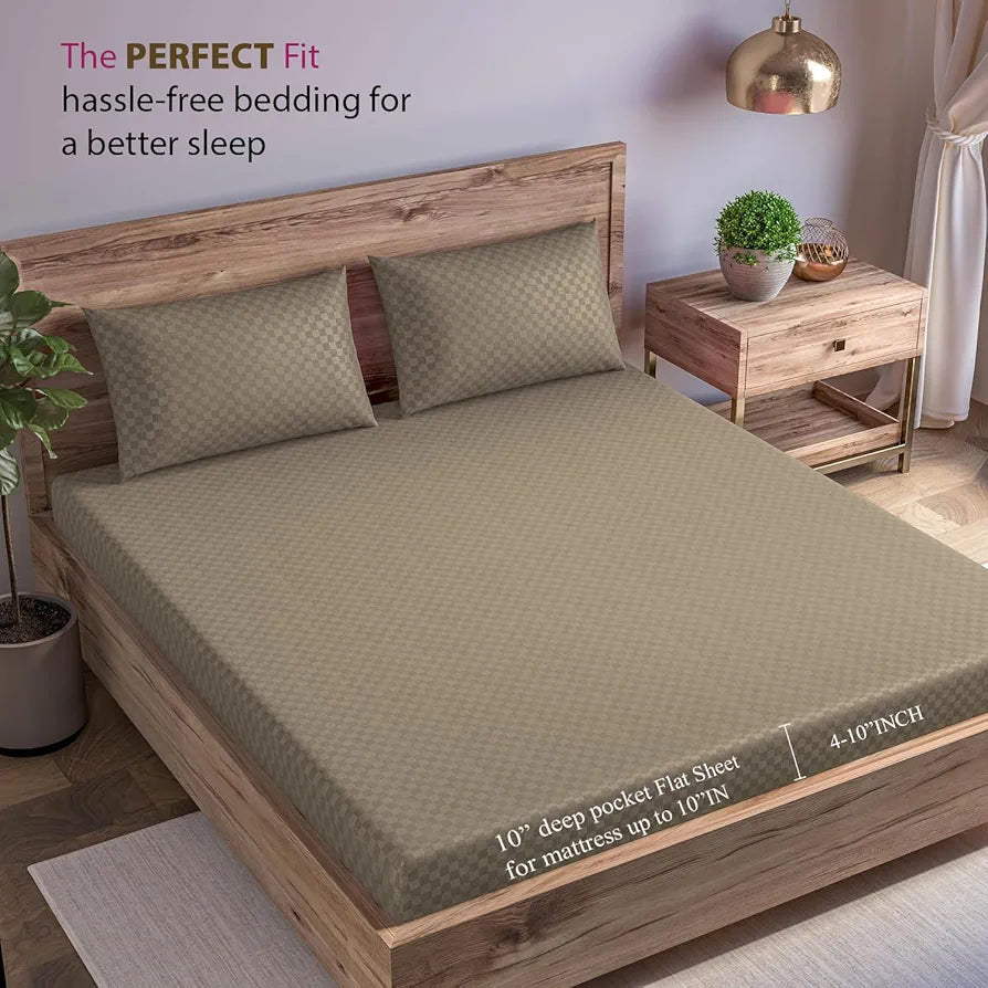Trance Home Linen Skin Friendly 100% Cotton Solid Jacquard Weave Fitted Bedsheet with 2 Pillow Cover-Premium 300Tc Colour Queen Mocha